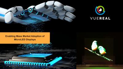 VueReal platform banner and transparent MicroLED photo